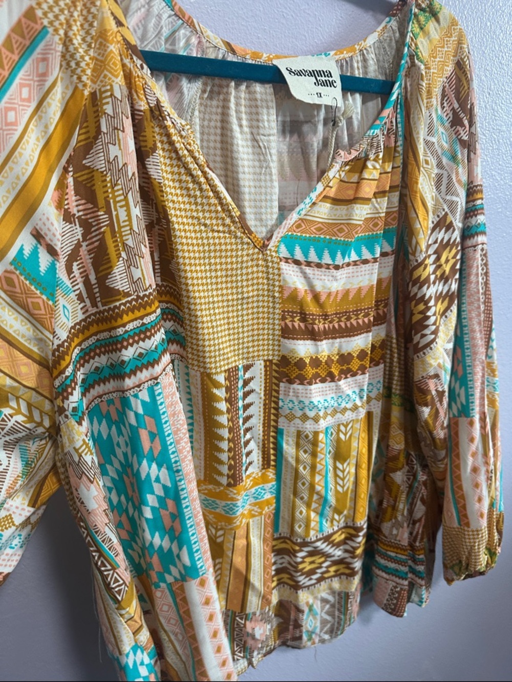 Savanna Jane Patchwork Geometric Peasant Blouse in Mustard & Teal - Picture 4 of 4